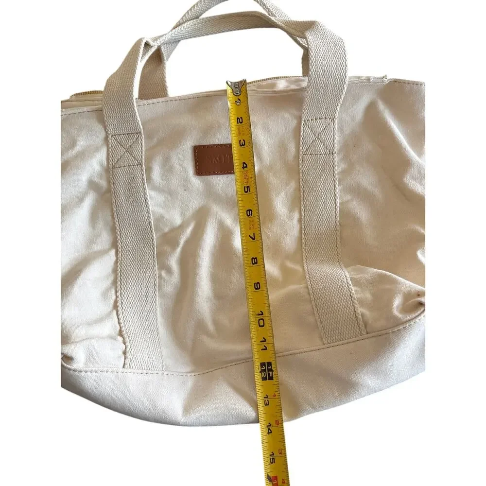 Personalized Canvas Tote Bag Cream Leather Trim Zip Top Monogram Smith